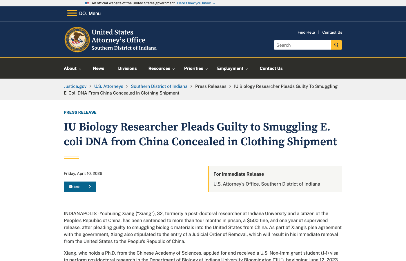 Former IU Postdoc Sentenced, Ordered Deported Over E. coli DNA Shipped From China in Box Labeled 'Women's Underwear'