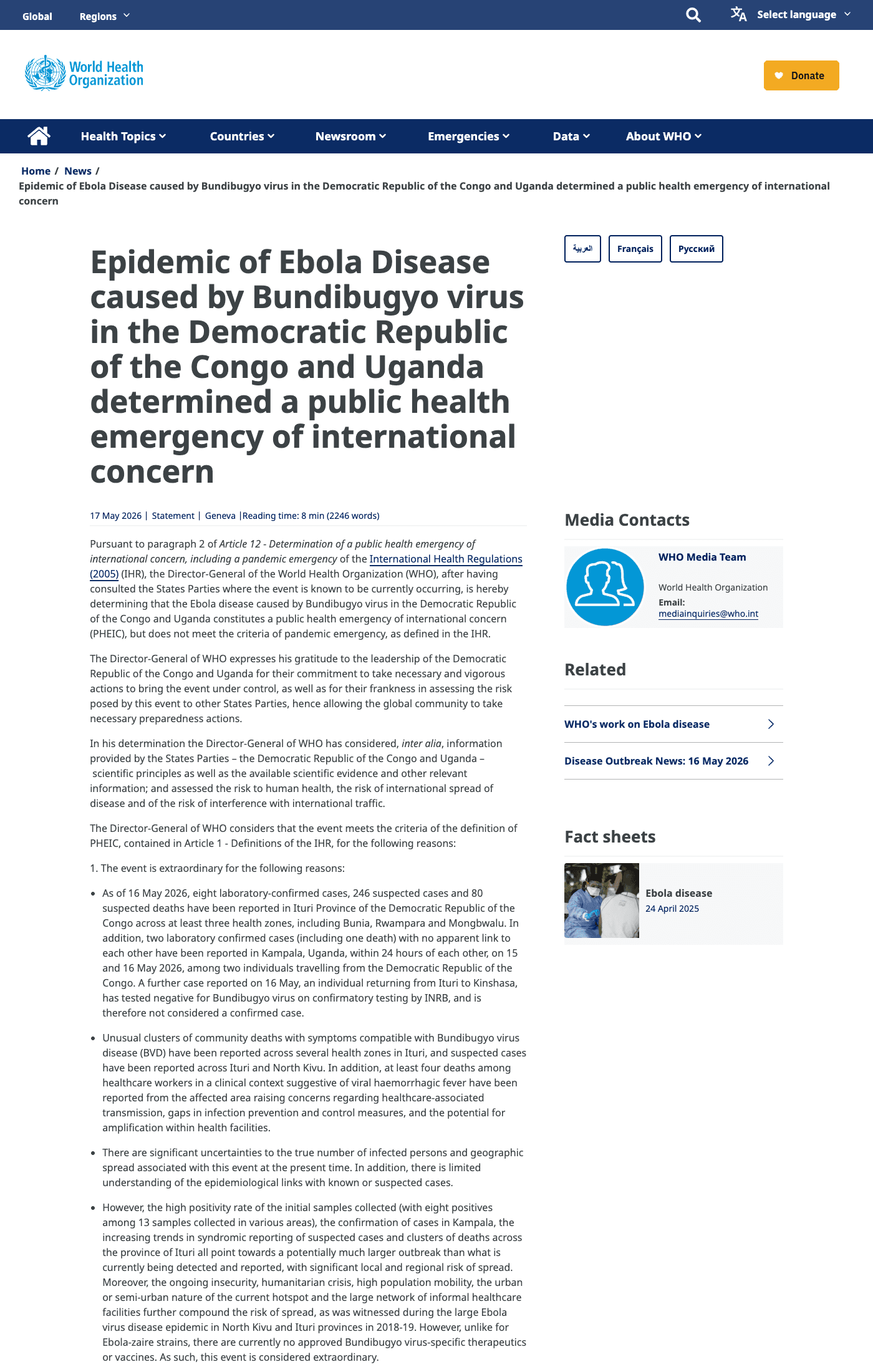 WHO Declares Bundibugyo Ebola Outbreak a Public Health Emergency of International Concern, the First Since 2024 Mpox