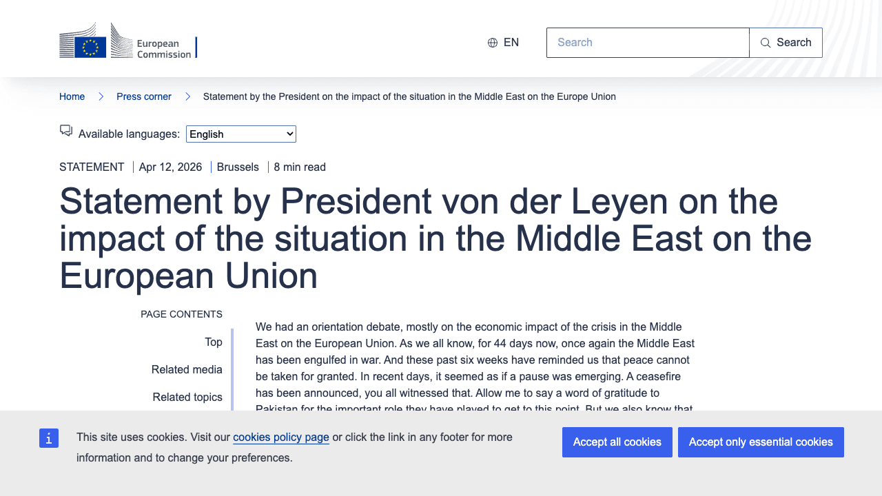 Von der Leyen: Middle East Crisis Has Cost the EU 22 Billion Euros in 44 Days