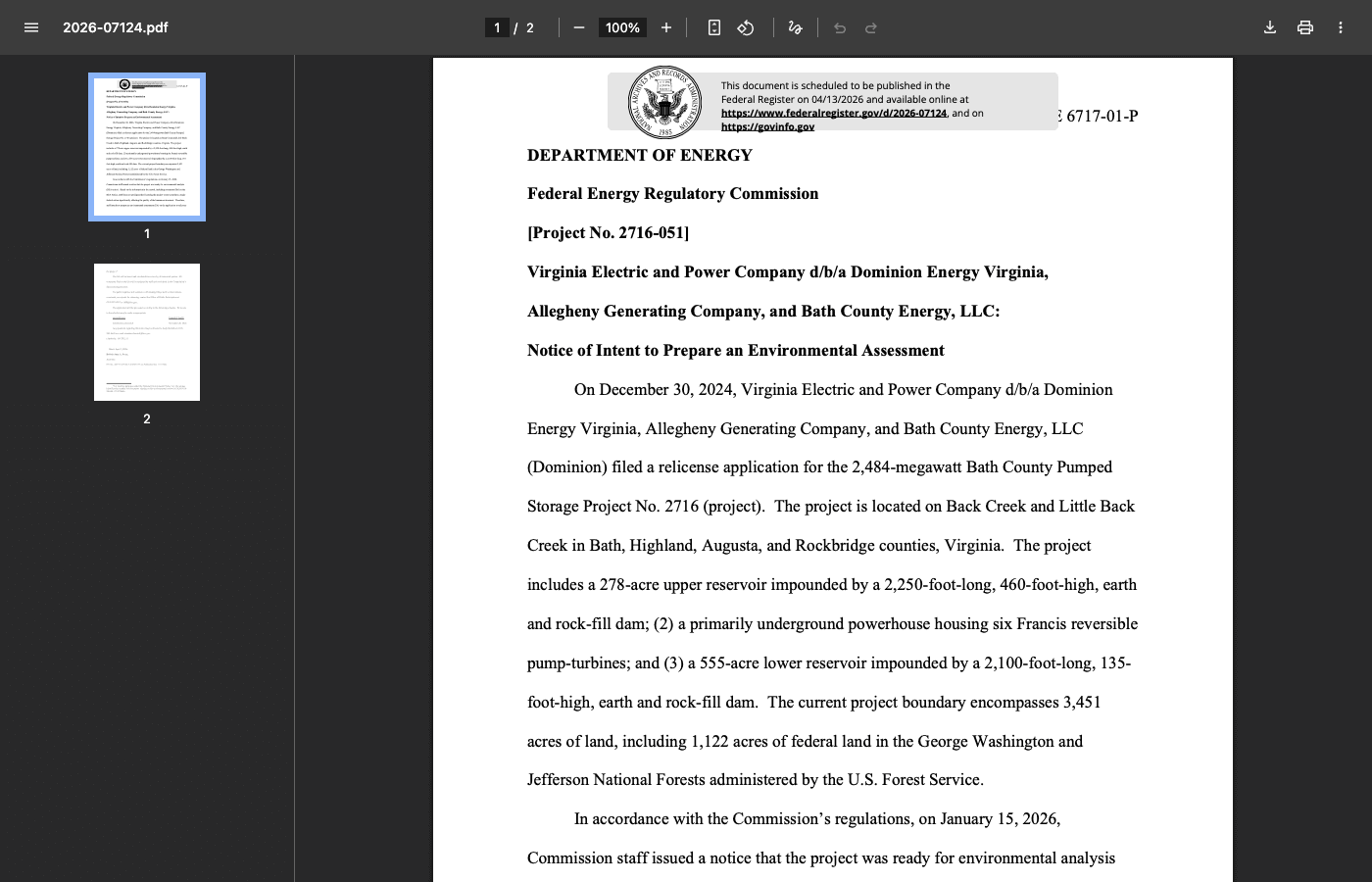 FERC Fast-Tracks Bath County's Relicense: 2,484 MW of Pumped Storage Up for a No-Significant-Impact Environmental Assessment