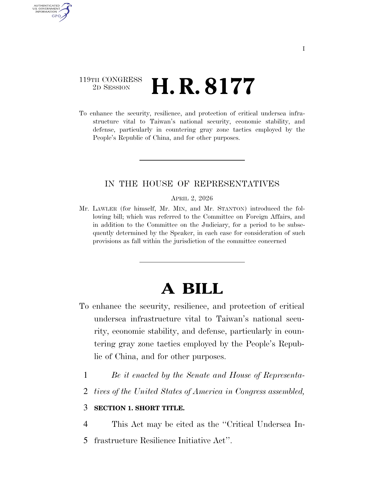 Bipartisan House bill would create a Taiwan undersea cable protection initiative, authorize $120M and new sanctions against saboteurs
