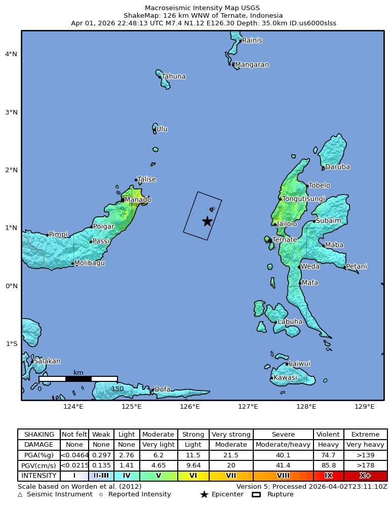 M7.4 Earthquake Off Indonesia's Ternate Triggers Tsunami Waves at Five Coastal Stations